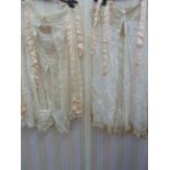 Late 19th c. / early 20th century pantalettes -  lace and embroidered panels, apricot silk ribbons