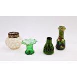 Loetz-style green glass vase, a Kralik glass vase with flower frog, another vase and a West German