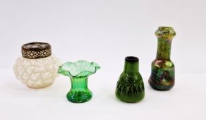 Loetz-style green glass vase, a Kralik glass vase with flower frog, another vase and a West German