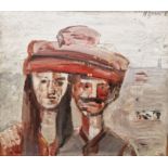 M ??aac (20th Century possibly Russian) Oil on canvas Portrait of male and female sharing a hat,
