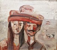 M ??aac (20th Century possibly Russian) Oil on canvas Portrait of male and female sharing a hat,