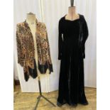 1920's devore cut velvet on chiffon jacket with deep black and orange fringe, orange tassel to the