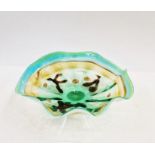 Viz Glass Inc. American glass centrepiece bowl in green, yellow and brown, with label, 39cm diameter