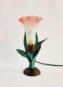20th century table lamp in the form of a flower with pink and white glass shade, on metal base, 31cm