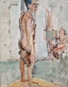 Edward Lewis (1936-2018) Oil on board Portrait of semi-nude male wearing green coat, signed verso,