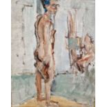 Edward Lewis (1936-2018) Oil on board Portrait of semi-nude male wearing green coat, signed verso,