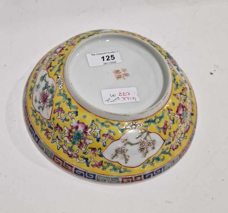 Chinese porcelain shallow dish with everted rim, yellow ground with floral quatrefoil panels, four- - Image 3 of 21