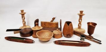 Collection of treen, two Pilkingtons Limited 'Hayward' compressed weave loom boat shuttles and other