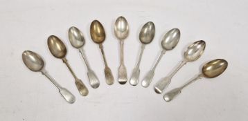 Set of six Indian silver-plate dessert spoons marked 'Madras Silver', 6ozt approx., two silver