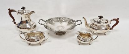 EPNS four-piece tea service, oval and panelled, and a two-handled fruit stand (1 box)