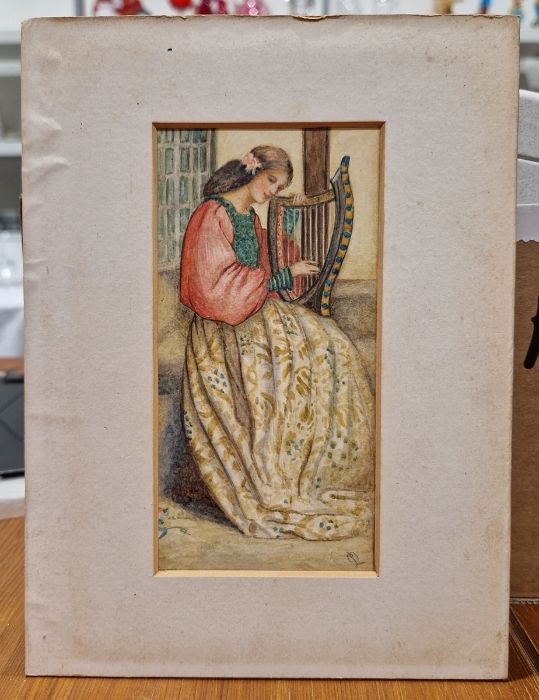 Circa 1900 watercolour on board depicting a young woman seated playing a harp, indistinctly - Image 5 of 6