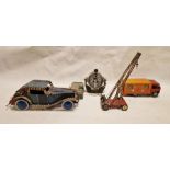 Tinplate Royal Mail van, a Meccano model clockwork car, a crane and a toy spotlight (4)