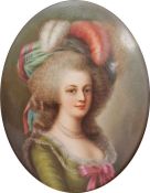 Continental porcelain Berlin style oval portrait plaque painted with an 18th century style lady