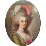 Continental porcelain Berlin style oval portrait plaque painted with an 18th century style lady