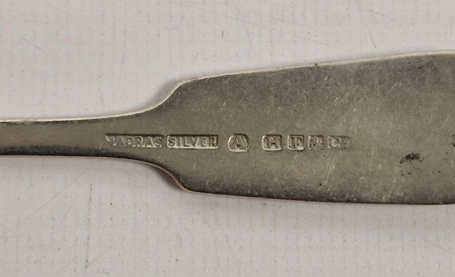 Set of six Indian silver-plate dessert spoons marked 'Madras Silver', 6ozt approx., two silver - Image 2 of 5