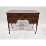 Edwardian mahogany inlaid kneehole inlaid lady's writing desk with an arrangement of four drawers