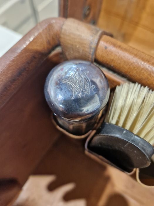 Large leather suitcase with part fitted interior of bottles, brushes, mirrors, etc, with name plaque - Image 27 of 32