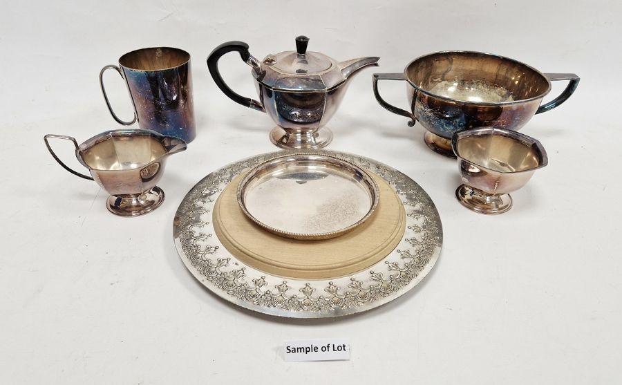 EPNS three-piece tea service, hexagonal, two-handled fruit bowl, EPNS bread stand with wooden