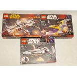 Three boxed Lego Star Wars sets to include 7663 Sith Infiltrator, 7660 Naboo N1 Starfighter and