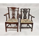 19th century mahogany open armchair with upholstered inset seat, on straight supports and another