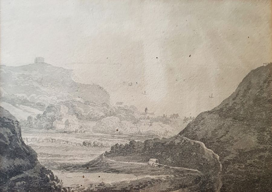 19th century school Watercolour en grisaille  Mountainous landscape with valley and a town in the