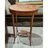 Edwardian satinwood inlaid oval occasional table on four tapered supports united with circular