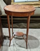 Edwardian satinwood inlaid oval occasional table on four tapered supports united with circular