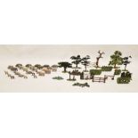 Britains and other model sheep and Britains farm trees, hedges and gates (2 bags)