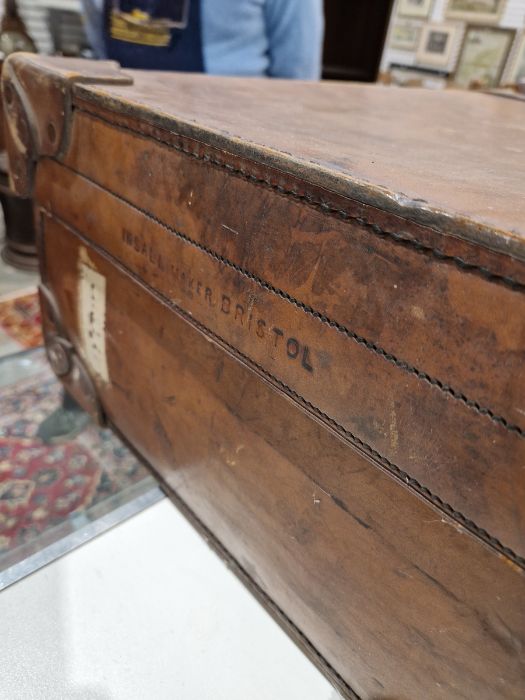 Large leather suitcase with part fitted interior of bottles, brushes, mirrors, etc, with name plaque - Image 13 of 32