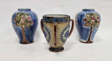 Pair of Royal Doulton Art Nouveau blue glazed stoneware inverse baluster vases, circa 1900,