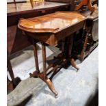 Edwardian box top writing table with lift-up lid, turned supports, united by stretchers, on brass