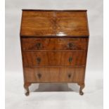 Reproduction mahogany and walnut veneered bureau with drop enclosing pigeonholes and drawers,