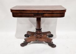 19th century rosewood D-end card table on column support, quatreform base, on claw feet,  74 cms h