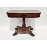 19th century rosewood D-end card table on column support, quatreform base, on claw feet,  74 cms h