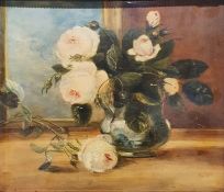 19th century school Oil on panel Still life with roses in vase, unsigned, 32cm x 17.5cm