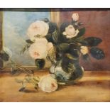19th century school Oil on panel Still life with roses in vase, unsigned, 32cm x 17.5cm