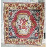 Pair of Eastern style red ground rugs with central floral medallion, floral border, one worn 67cm