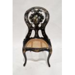 Victorian black lacquered, papier mache and mother-of-pearl inlaid cane seated bedroom chair seat h.
