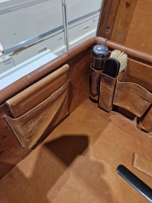 Large leather suitcase with part fitted interior of bottles, brushes, mirrors, etc, with name plaque - Image 17 of 32
