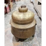 Indian brass temple brazier, circular with star design to the top, having ring handle to the