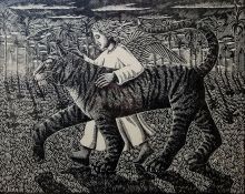 P. J. CROOK Woodcut Boy with Tiger 26/85, signed in pencil lower right, and numbered lower left,