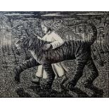 P. J. CROOK Woodcut Boy with Tiger 26/85, signed in pencil lower right, and numbered lower left,