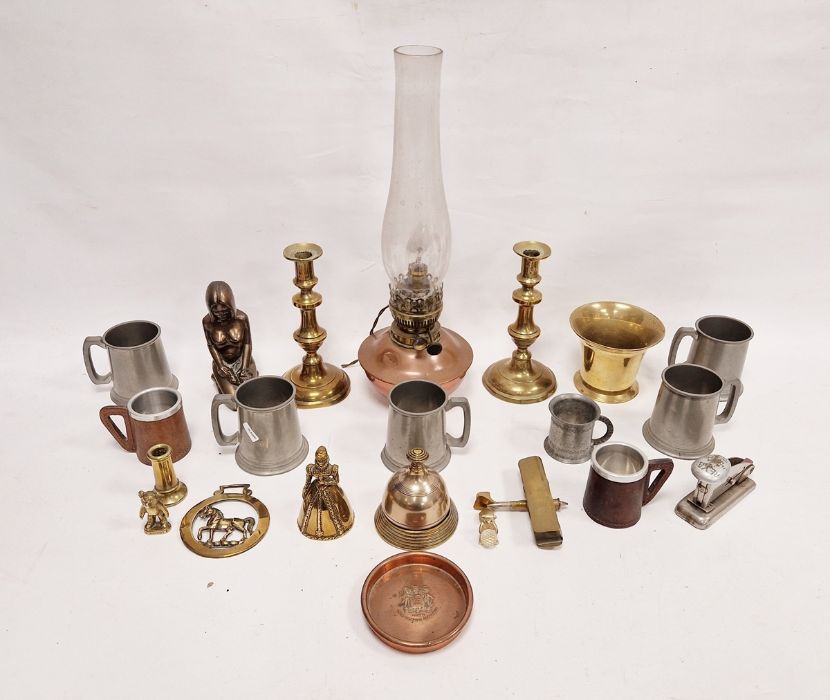 Quantity metalware to include brass candlesticks, brass bells, mortar, pewter and other items (1