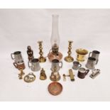 Quantity metalware to include brass candlesticks, brass bells, mortar, pewter and other items (1