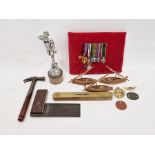Set of miniature WWII medals, RAF badge, Aero Cheltenham Club badge, antique hammer, set square