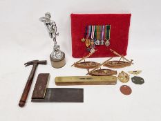 Set of miniature WWII medals, RAF badge, Aero Cheltenham Club badge, antique hammer, set square