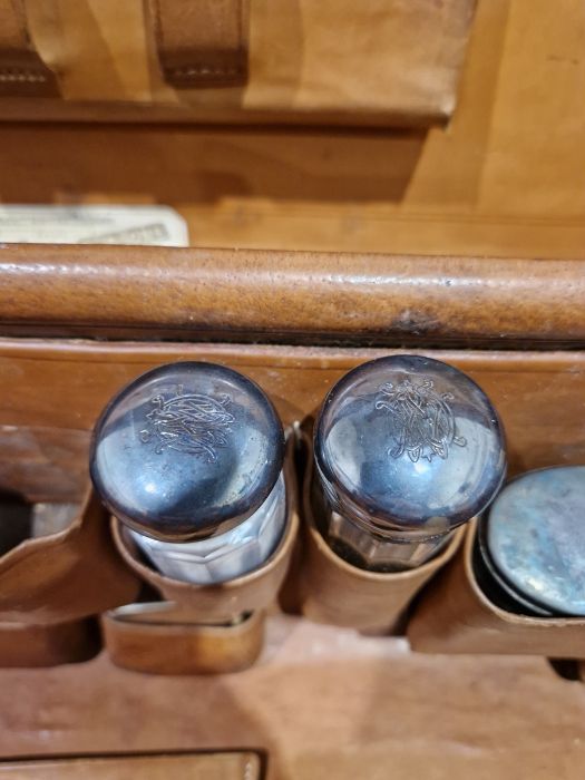 Large leather suitcase with part fitted interior of bottles, brushes, mirrors, etc, with name plaque - Image 28 of 32