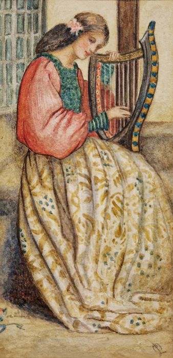 Circa 1900 watercolour on board depicting a young woman seated playing a harp, indistinctly - Image 4 of 6