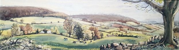 Evans(?)  Pen and watercolour  Landscape with cows in a field, indistinctly signed and dated '72