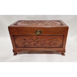 20th century camphorwood Chinese chest with trays to inside, carved panel top and sides, on shaped